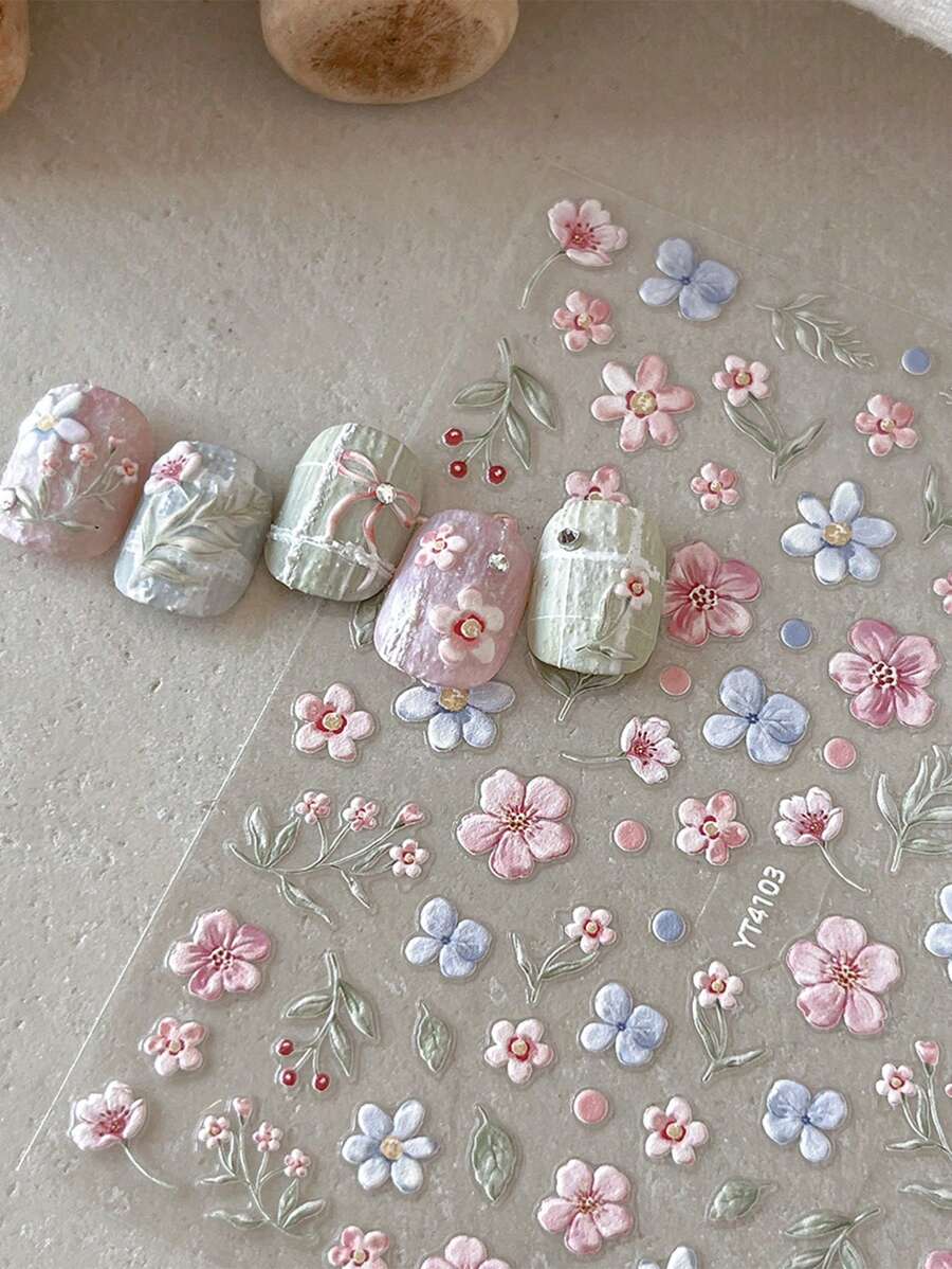 1pc Colorful Flower Nail Art Stickers, Monet Garden Series 3D Embossed Adhesive Cartoon Nail Decals - Multicolor - View 1