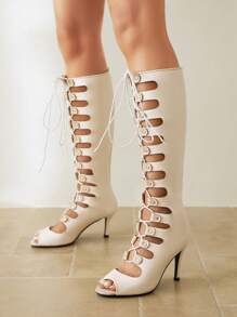High Boots Hollow Mesh Open Toe Sexy Stiletto Heeled Zipper Closure Gladiator Sandals For Women - Baby Pink - View 2
