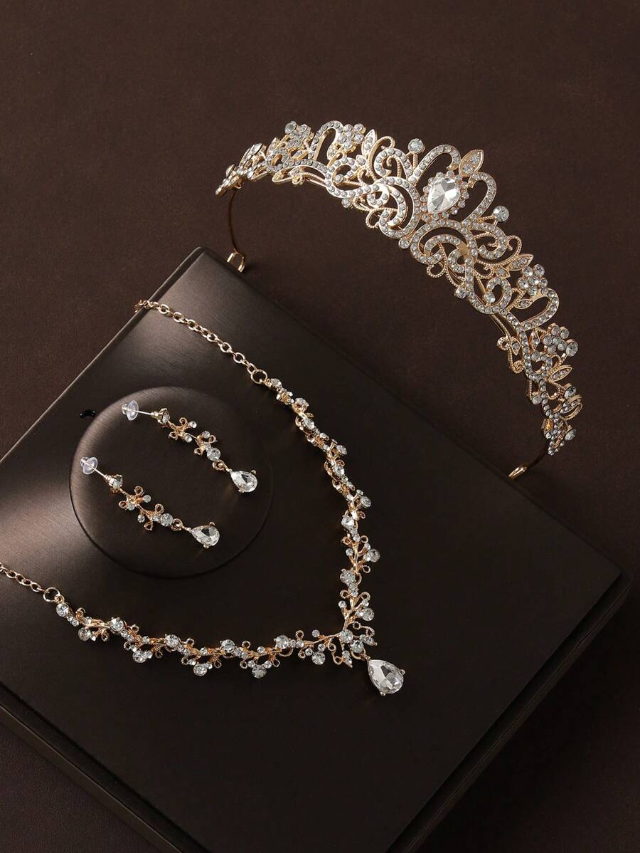 4 件套女士新娘婚礼银皇冠项链耳环优雅婚礼配饰套装 - 金色 - 查看 1