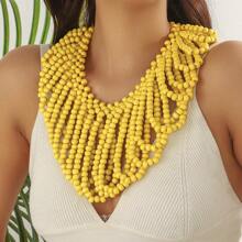 Handwoven Wood Bead V-Shaped Necklace, Exaggerated African Bridal Accessory, Party Decoration, Factory Outlet, Natural Wood Beads, Slight Defects, Occasional Color Difference, Not Seconds, Caution For Those Seeking Perfection