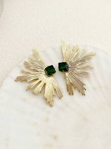 1 Pair Fashionable Minimalist Niche Design Jewelry Gold Plated Stainless Steel & Green Natural Stone Fan-Shaped Earrings, Suitable For Women's Daily Wear And St. Patrick's Day Gift