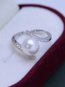 1 件优雅女士珍珠戒指，方晶锆石，浪漫婚礼订婚珠宝 - 銀色 - 查看 3