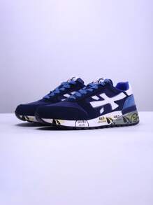 Sapatos PREMIATA Sapatos Masculinos Nichos Novos Tênis Retrô para Casais 483 Sola Plana Cano Baixo Sapatos Estudantis com Caixa de Sapato, Adequado para Presente, Presenteável, Estudantes, Escola, Corrida - Azul escuro - Visão 1