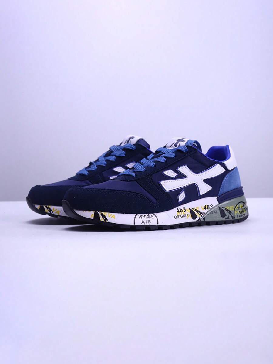 Sapatos PREMIATA Sapatos Masculinos Nichos Novos Tênis Retrô para Casais 483 Sola Plana Cano Baixo Sapatos Estudantis com Caixa de Sapato, Adequado para Presente, Presenteável, Estudantes, Escola, Corrida - Azul escuro - Visão 1