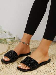 Women Plus Size Flat Sandals, Summer Casual Versatile Rhinestone Embellished Slide Sandals - Black - View 4
