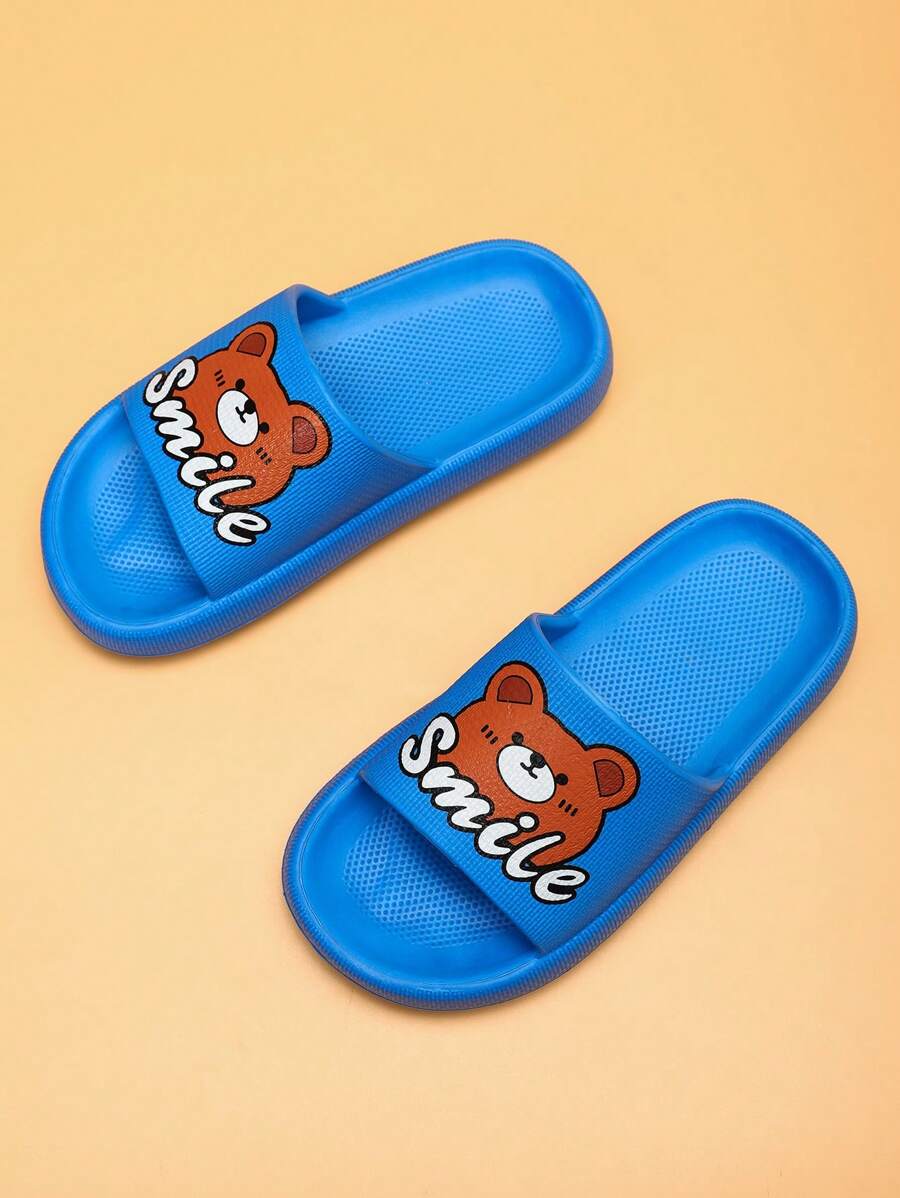 儿童泡沫拖鞋，轻便防滑软底可爱卡通熊拖鞋，中大童居家休闲速干舒适系带沙滩凉鞋，适合男孩和女孩 - 藍色 - 查看 1