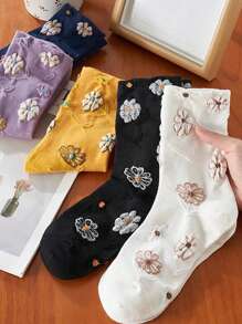 3 Pairs Random Women Floral Pattern Mid-Calf Socks, Cute Fashion Casual Breathable Sports Socks For Spring/Autumn, Suitable For Daily Wear