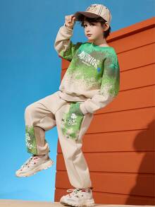 ASK JUNIOR 2件套男童渐变印花长袖连帽衫和裤子套装 - 綠色 - 查看 8