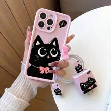 5 件/套黑猫粉色蝴蝶结手机壳 + 数据线保护套 兼容 Apple 快速充电线，兼容 iPhone11/12/13/13Promax/14/14Pro/14Plus/14Promax/15/15Pro/16/16Plus/16Promax/16Pro/15Promax XR XSM 保护壳套装 - 彩色 - 查看 2