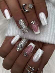 Mejore instantáneamente su apariencia con 24 piezas de uñas postizas tipo ataúd largas, brillantes, con diamantes engastados, un montón de piezas de arte para uñas con diamantes, uñas postizas completas geniales y dulces, calzado perfecto y desmontables, regalo para mujeres, madres, esposas