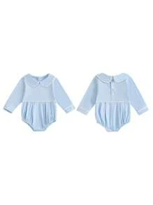 Pijama para bebés niños y niñas, de una pieza, con mangas largas, cuello tipo muñeca, línea de contraste/color sólido, traje de juego para recién nacidos - Azul - Ver 8