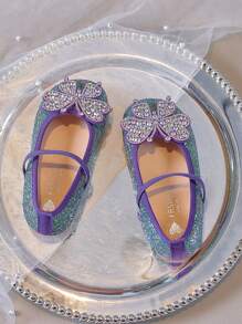 1 Pair Girls Rhinestone Bow Flats, Children Glitter Leather Slip-On Princess Dress Shoes, Soft Bottom Anti-Slip Suitable For Daily Outfit, Party, Dance, All Season - Purple - View 2