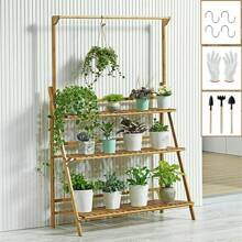 Bamboo Shelf Folding 3 Tier Ladder Book Plant Stand With Hanging Bar Multi Use - With Hanging Rack - View 1