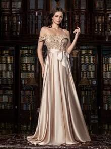 Faeriesty Elegant Shimmering Sequin-Satin Evening Gown With Side-Slit Design | Luxury Gala Look For Weddings, Parties Or High-End Events, Party Dress, Wedding Guest Dress, Formal Dress, Evening Dress - Champagne - View 7