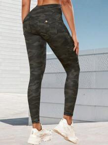 Summer Workout Women's Camouflage Pattern Outdoor Cargo Leggings, Pockets Enhancing Butt Tight Pants, Sports Yoga Tight Pants Spring - Dark Grey - View 5