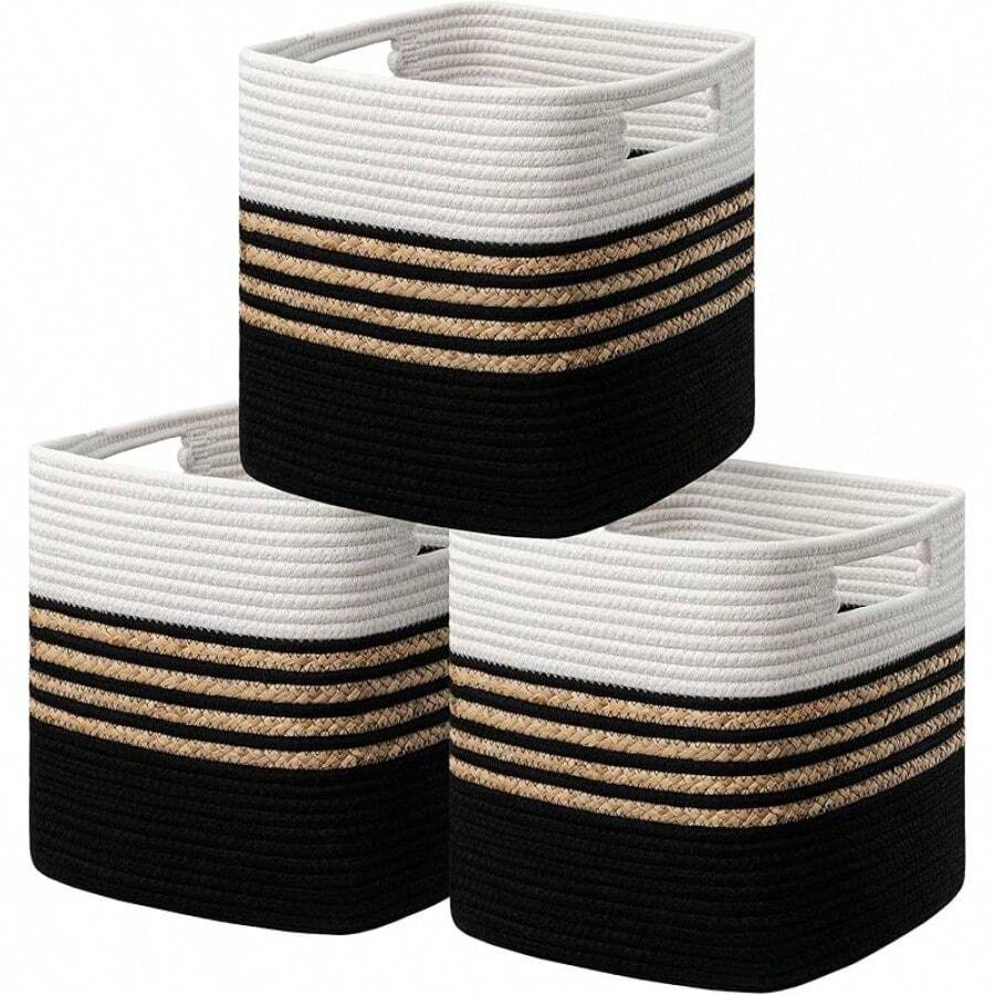 Set Of 4 Storage Cubes 11 X 10.5 X 10.5 In, Water Hyacinth Storage Bins For Shelves, Toys, Book, Storage Baskets With Handles, Cotton Rope Woven Baskets For Organizing, Brownhalloween - 黑色 - 查看 1