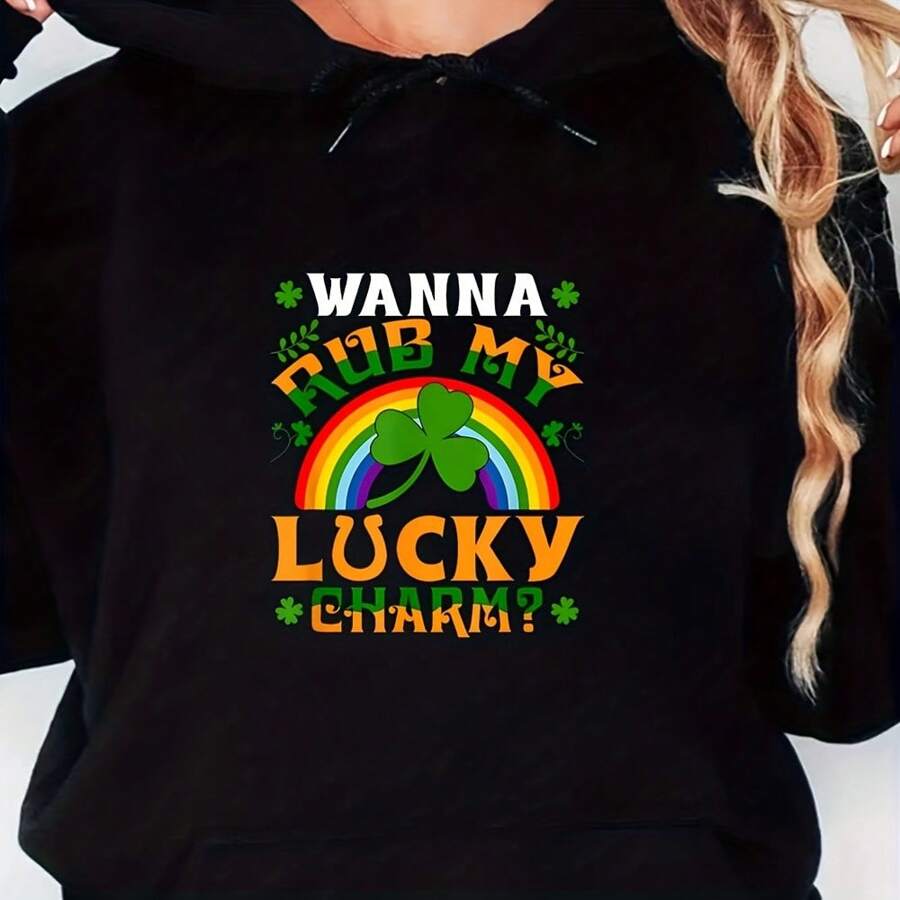 Women'S St. Patrick'S Day Rainbow Hoodie - Wanna Rub My Lucky Charm' Pattern, Soft Blend Pullover With Drawstring, Casual Long Sleeve Sweatshirt, Festive Casual Wear Casual Style Sweatshirt - 黑色 - 查看 1