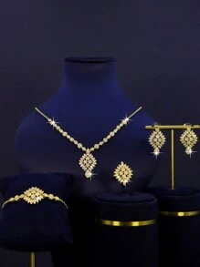 4 件 18K 镀金奢华中东风格皇家新娘婚礼珠宝套装，手工制作，采用绿色蛋形宝石，包括项链、手链、耳环、戒指，适合结婚周年纪念礼物、宰牲节佩戴 - 金色 - 查看 9