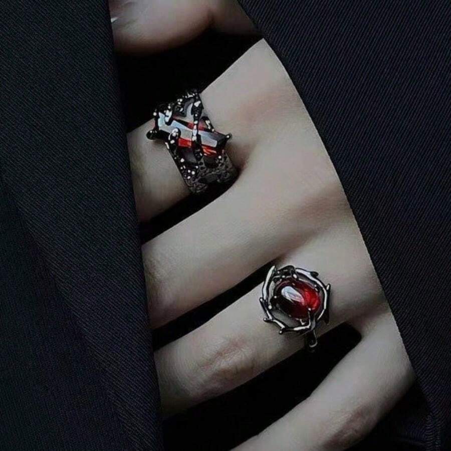 Unisex Vintage Black Thorn Open Pomegranate Red Ring, Stackable Mid Finger Ring With Goth Style - Multicolor - View 1