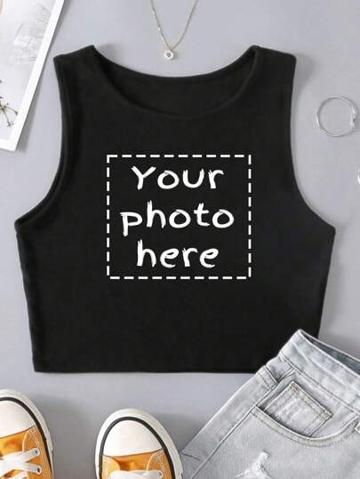 Regalos personalizados deportivos, Camisetas de tirantes cortas personalizadas para damas, Agrega imágenes (selfies/patrones/fotos familiares/amigos/logotipos, etc.) y diseña tus propias camisetas de tirantes cortas personalizadas e impresas como regalos para él, novio, familia, amigos para cumpleaños, vacaciones/fiestas, escuela/competencia, deportes/escalada, Tops activos personalizados para mujeres, Estilo casual chic de calle