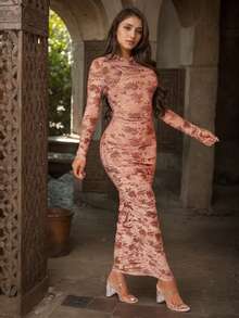 YI XUAN 女士花卉印花褶饰网眼性感连衣裙和内衬吊带连衣裙