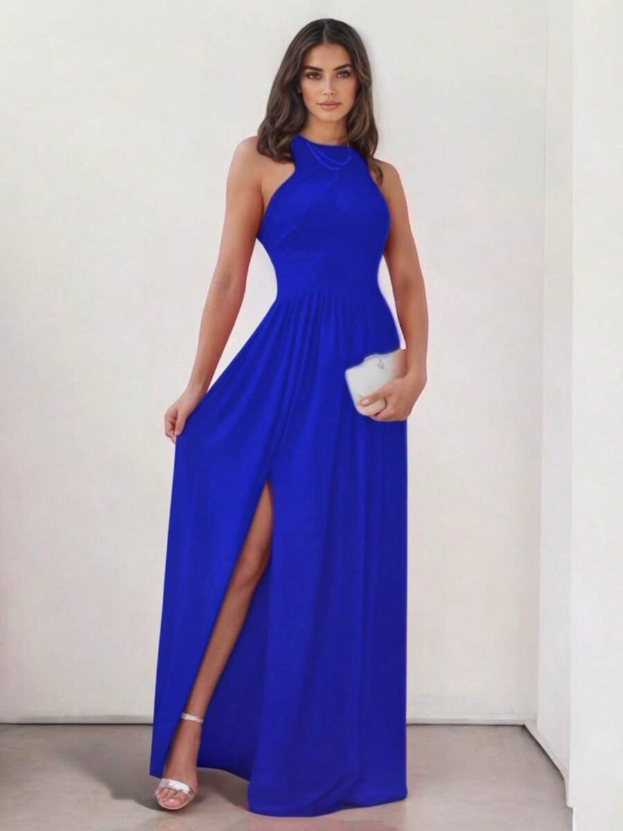 Sophisticated Off-The-Shoulder Long Dress With Leg Slit - 藍色 - 查看 1