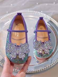 1 Pair Girls Rhinestone Bow Flats, Children Glitter Leather Slip-On Princess Dress Shoes, Soft Bottom Anti-Slip Suitable For Daily Outfit, Party, Dance, All Season - Purple - View 5