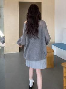 Suéter de manga larga con abertura y hombros caídos, adecuado para volver a la escuela, primavera/verano - Gris - Ver 7