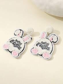 1 Pair Fashionable Easter Day Earrings With Beads, Sequins And Embroidered Eggs And Rabbits Design For Women