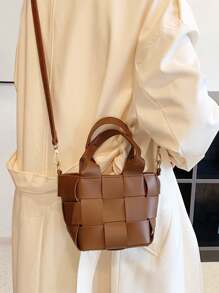 1 件休闲度假编织手提包 时尚纯色女士斜挎 PU 皮革单肩包，配有可调节肩带和可拆卸内袋，便携轻巧抽绳斜挎包，适合女性、女孩、少女和女士，适合度假、户外活动、旅行、圣诞节和冬季圣诞节礼物 - 棕色 - 查看 6