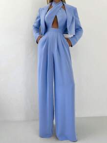 Conjunto de 2 piezas para mujer: Chaqueta tipo blazer casual y mono sexy con espalda descubierta y lazo al frente, perfecto para uso diario, oficina, trabajo, fiestas de Navidad, Año Nuevo y San Valentín