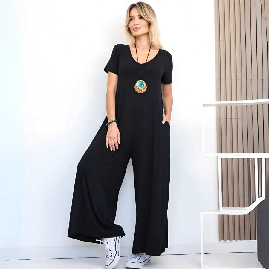Women's Long Viscolycra Pantaloon Jumpsuit, Comfortable And Elegant Casual Fashion Tailoring - 黑色 - 查看 1