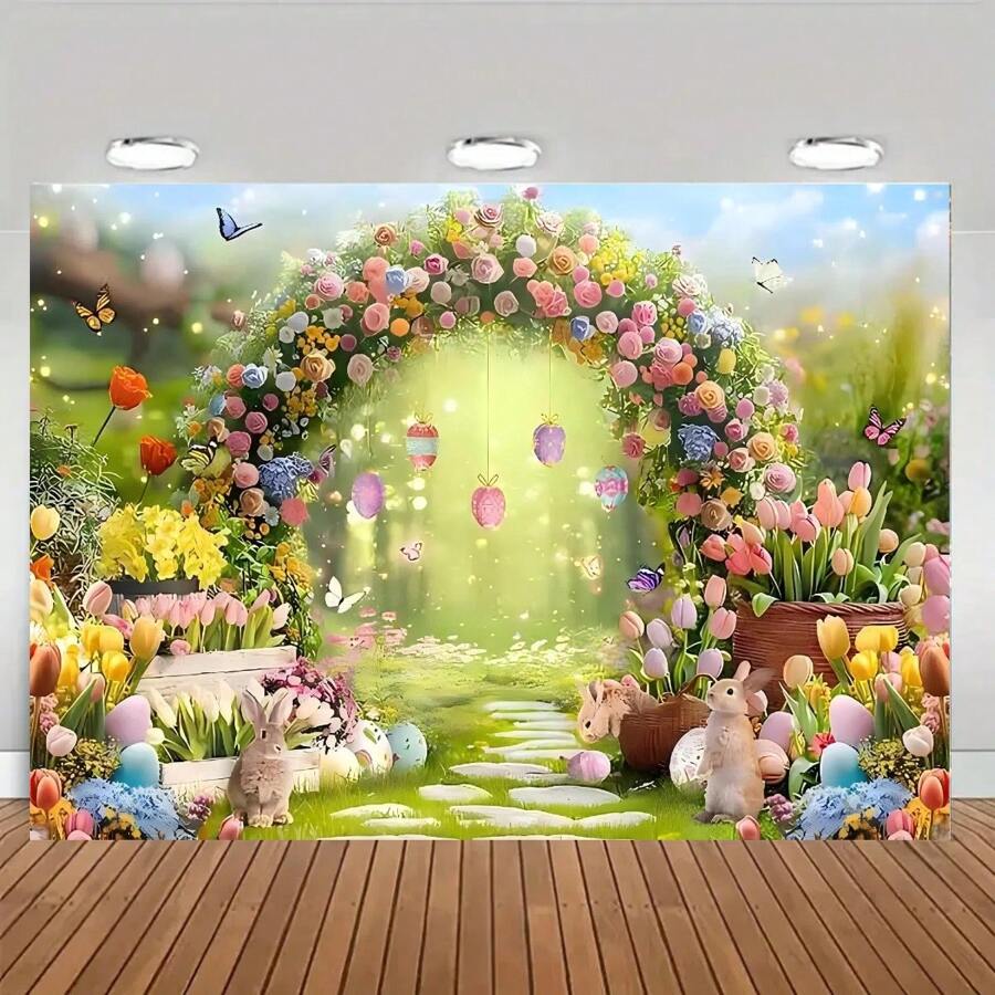 1pc High Quality Polyester, 7x5ft/8x6ft/10x8ft Spring Forest Path Easter Wreath Arch Green Grass Flower Rabbit Easter Eggs Butterfly Fairytale Flower Tulip Colorful Rose Party Decor Photography Backdrop Cloth, Washable, Low-Temperature Iron, Wrinkles Can Be Completely Removed, Tablecloth, Curtain