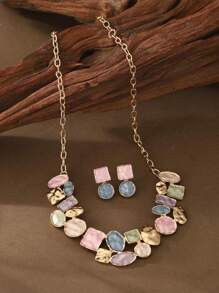 1 Set de 2 piezas Conjunto de joyería elegante y vintage de flores geométricas de aleación de zinc esmaltadas y coloridas, que incluye collar colgante y pendientes, adecuado para uso diario, fiestas, citas, vacaciones y como regalo para mujeres