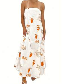 Women's Summer Vacation Beach Sundress Casual Strapless Long Dress Boho Sun Print Sleeveless Loose Tube Long Dress Summer Beach Dresses - Orange - View 1