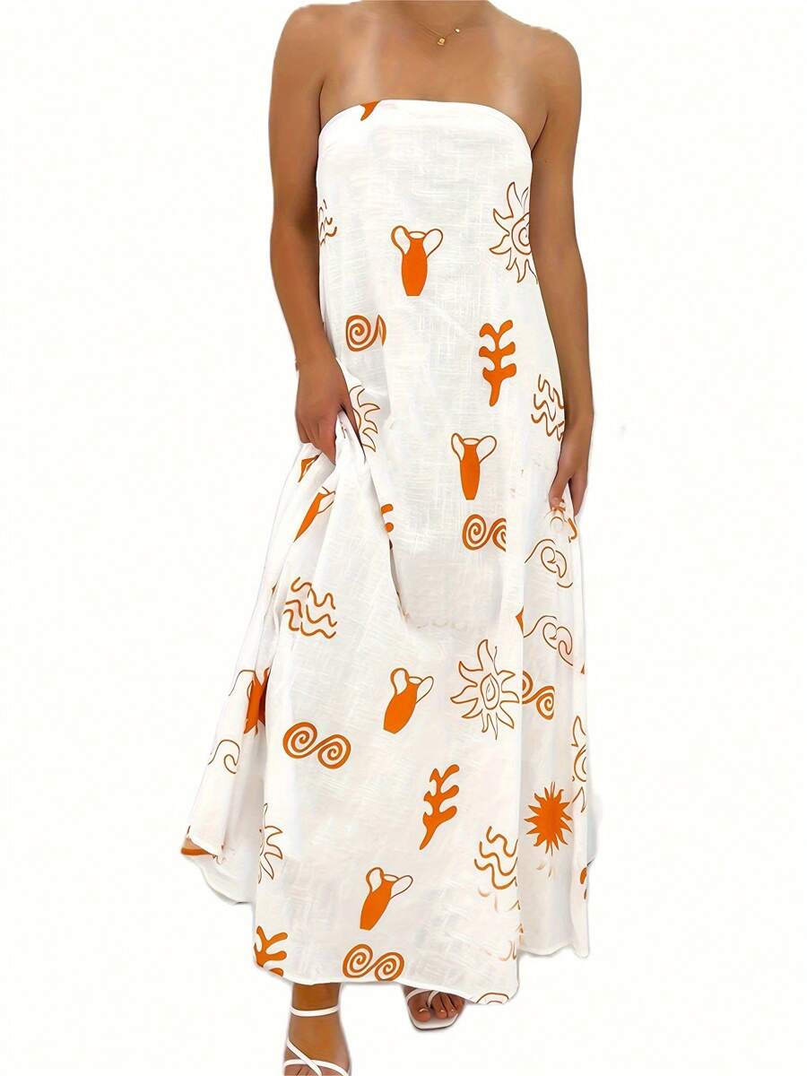 Women's Summer Vacation Beach Sundress Casual Strapless Long Dress Boho Sun Print Sleeveless Loose Tube Long Dress Summer Beach Dresses - Orange - View 1