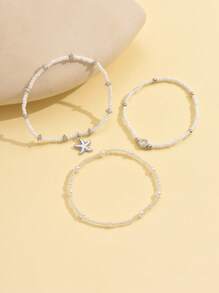 3pcs/Set Women Simple White Bead Pearl & Silver Starfish Shell Anklets, Suitable For Daily Wear And Holiday Travel - Multicolor - View 2