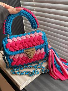 1pc Handwoven Contrast Color Cloth Strap Women Handbag, Colorful Contrast Color Fashionable Casual Tote Bag With Removable Strap & Handle, Spacious Shoulder Bag For Daily Use, Gift For Friends - Multicolor - View 18