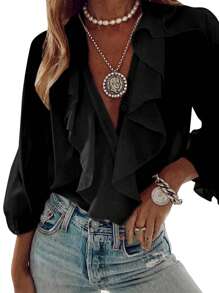 Women Button-Down Ruffle Shirt, Adults Solid Color/Letter/Butterfly/Plant Print V-Neck Long Sleeve Blouse - Negro - Ver 1