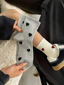4 Pairs Women's Heart Pattern Mid-Calf Socks, Solid Color Cute Design, Versatile, Fall - Multicolor - View 5