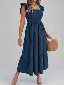 Summer New Solid Color Square Neck Backless Casual Shirred Frill Trim Sleeveless A-Line Dress, Navy Blue - Navy Blue - View 3