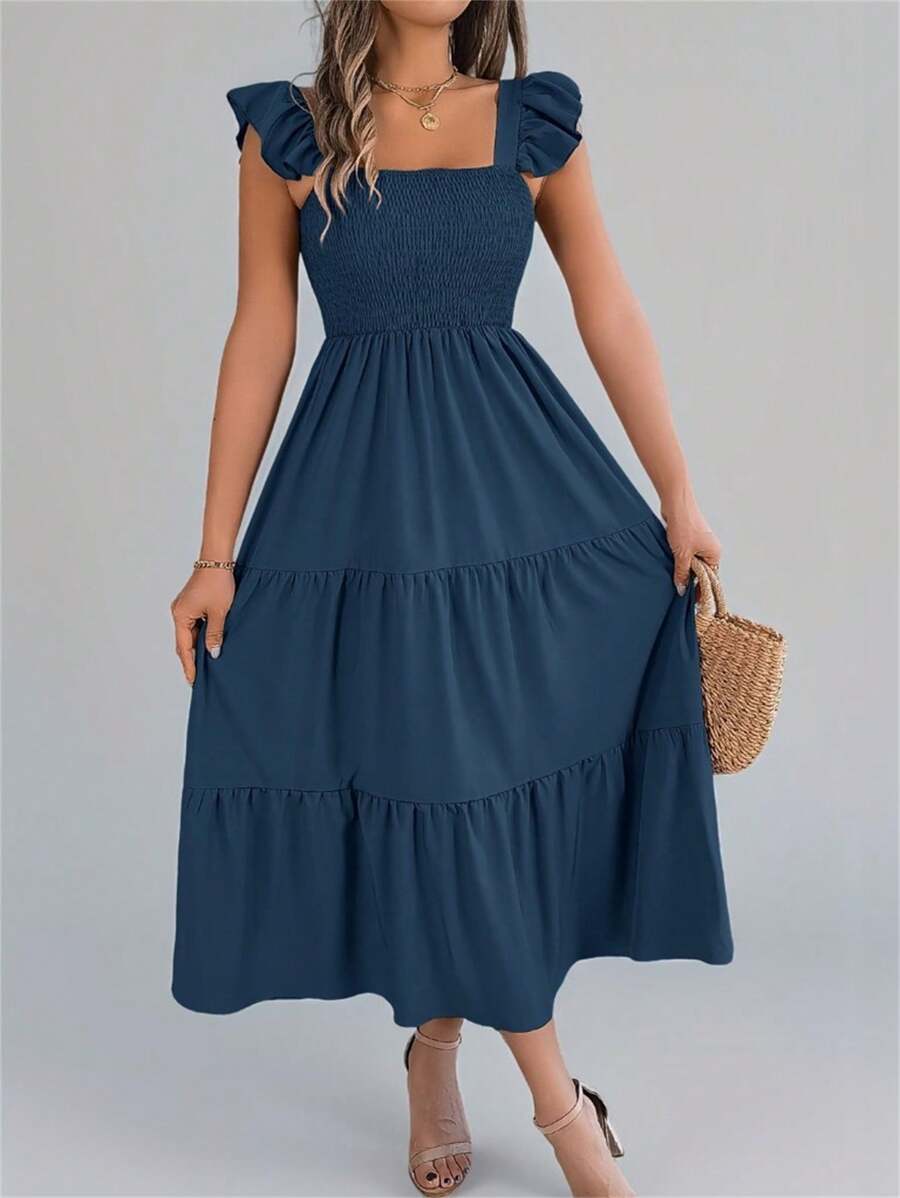 Summer New Solid Color Square Neck Backless Casual Shirred Frill Trim Sleeveless A-Line Dress, Navy Blue - Navy Blue - View 1