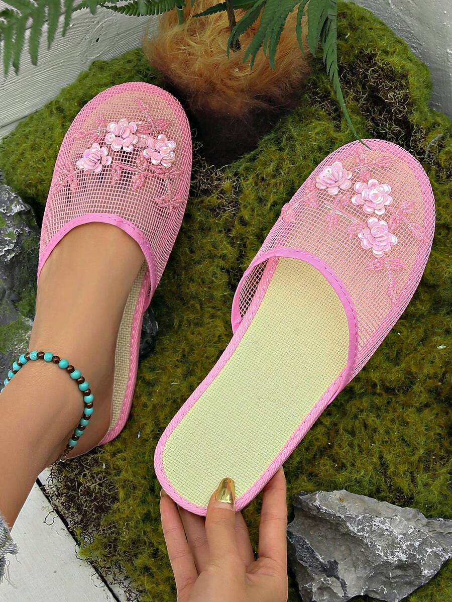 Nuevas zapatillas de casa hechas a mano con cuentas de moda, aptas para uso interior y exterior - Rosa - Ver 1