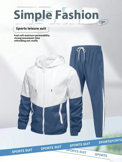 Boyfriend Style Outdoor Exercise Camping Sports Fashion Color-Blocked Jacket With Color-Blocked Sports Trousers Set One-Piece, Sports Essentials Set Loose And Comfortable Sports Fashion Suit, Suitable For Running, Exercise, Fitness, Camping, Tennis, Badminton Fashion Sports Style