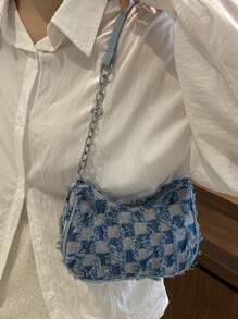 1 件蓝色牛仔拉链和格子印花拼布肩带百搭斜挎包，适合女性日常使用 - 藍色 - 查看 7