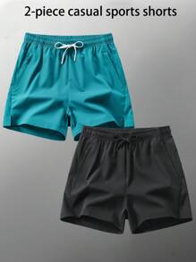 2pcs Women's Sports Shorts, Summer Breathable Casual Drawstring Elastic Waist Zipper Pocket Capri Pants, Colorful Comfortable For Running, Cycling, Fitness, Outdoor Leisure - Multicolor - View 1