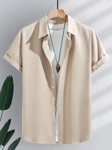 男士纯色单排扣短袖钱布雷衬衫，适合日常休闲穿着，是送给男朋友的绝佳礼物 - 卡其色 - 查看 3