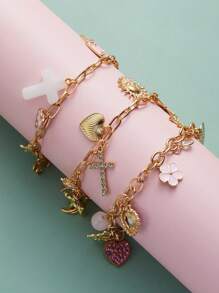 1 件复古月亮、星星、、五叶花、高跟鞋、蝴蝶、心形吊坠女士黄金首饰精致手链礼物 - 多吊墜手鍊 - 查看 3