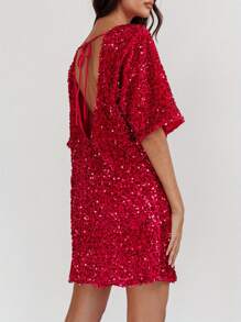 Women's Sequin Dress Casual Loose Sparkly Round Neck Short Sleeve Open Back Tie-Up Mini T-Shirt Dress For Party Club