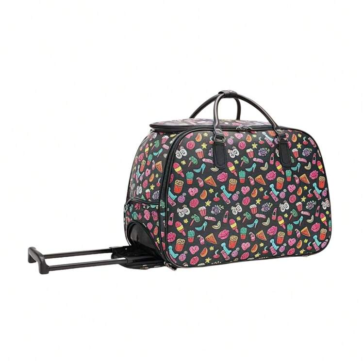 Bolsas de viaje con asa telescópica, equipaje de mano con estampado variado, maleta de viaje plegable, equipaje de cabina. Carrito de equipaje con estampado bonito, bolsa de viaje con ruedas, equipaje de avión. Bolsa de gran capacidad para almacenar ropa, calzado, accesorios, ordenador. - Negro - Ver 1